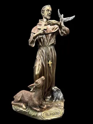 Image de Saint François d'Assise, en tant que missionnaire – Décoration en bronze, peinte à la main, dimensions : 11,5 cm × 8,5 cm × 22 cm, modèle WU76058A4