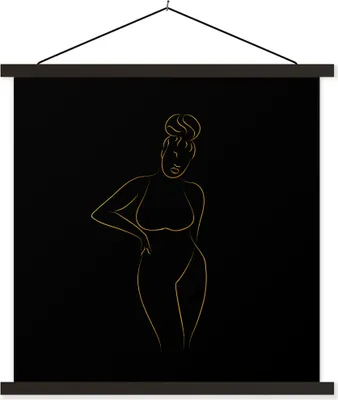 Produktbild von MuchoWow® Textilposter Frau - Schwarz - Gold - Strichzeichnung 90x90 cm mit schwarzem Rahmen - Magnetisches