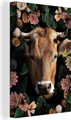 Produktbild von MuchoWow® - Leinwandbilder - Kuh - Tiere - Blumen, Wandbild, Wanddeko Bilder Wohnzimmer, 80x120 cm