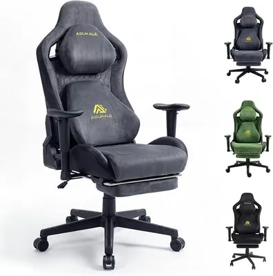 Obrázek produktu pro Herní židle, kancelářská židle, ergonomická, s prodyšnou imitací semiše, židle s opěrkou nohou, opěrkou hlavy a bederní opěrkou, 3D područky, nastavitelná opěradlo (90-155°), šedá barva