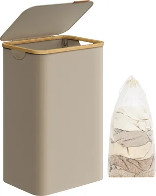 Produktbild von SONGMICS Wäschekorb mit Deckel, 90 L, herausnehmbarer Wäschesack, Griffe aus Bambus