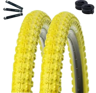 Immagine prodotto di 2 pneumatici per bicicletta Kenda K-51, modello BMX, 20 x 2,25 (58-406), colore giallo + 2 camere d'aria AV compatibili, inclusi leva pneumatici