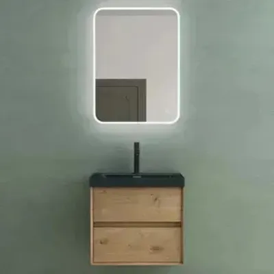 Produktbild von Mai & Mai Badmöbelset Badezimmermöbel Waschbeckenunterschrank 2 Schubladen mit Soft-Close inkl. Waschbecken und LED-Badspiegel Kerneiche 60 cm Rimo