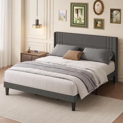 Obrázek produktu pro Čalouněná postel BEALIFE 180x200 cm s lamelovým roštem a lněným čelem | nízkohlučná manželská postel v béžové/tmavě šedé barvě | BF45