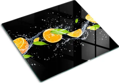 Obrázok produktu pre Sklenená ochranná doska – Kryt varnej dosky – Kryt na indukčnú dosku – 60x52 cm – Rýchle čistenie – Tvrdené sklo – Pomaranče a voda