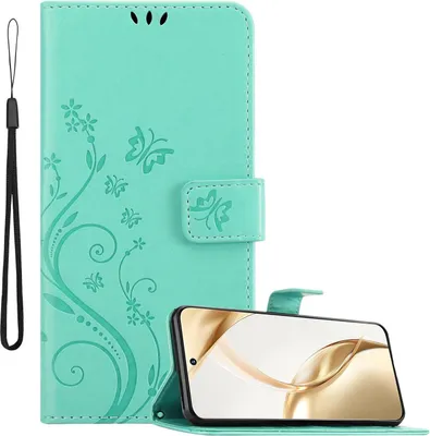 Produktbild von Cadorabo Hülle für Honor 200 Hülle in FLORAL TÜRKIS Schutzhülle im Blumen Design mit Magnetverschluss, Standfunktion und Kartenfächern Book Case Cover