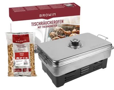 Productafbeelding van BROWIN RVS tafelrookset met thermometer, model 330010 | inclusief houtsnippers