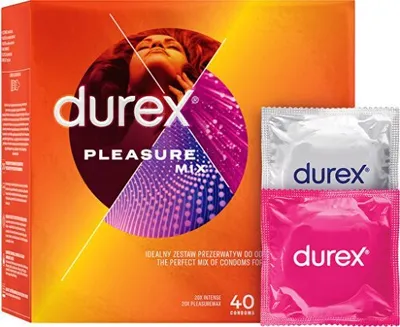 A box of Durex Pleasure Mix condoms with two individual condom packets shown.