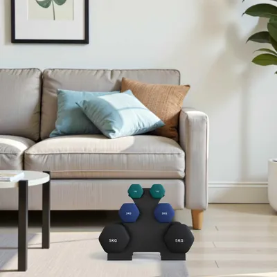 Produktbild von SONGMICS Kurzhantel Set, Hexagon, mit Hantelständer, 2 x 1 kg, 2 x 3 kg, 2 x 5 kg, mattes Finish, Neopren-Beschichtung, Krafttraining, zu Hause