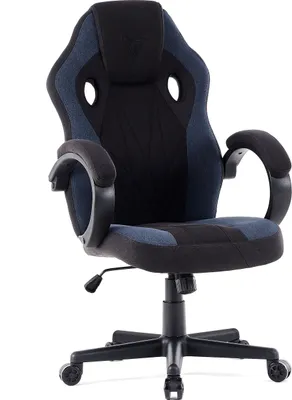A black and blue gaming chair shown from the front.