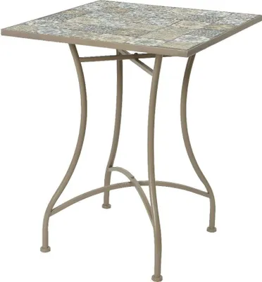 A square-topped bistro table with a mosaic tile top and a metal frame.