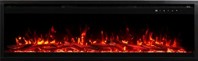 A long, horizontal electric fireplace with realistic flame effects.