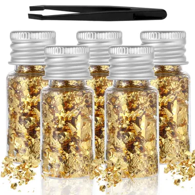 Produktbild von Blattgold Flocken 5 Flaschen mit Pinzette für Kunsthandwerk & Nagelkunst