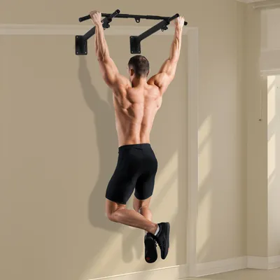 Produktbild von Klimmzugstange Wand- & Deckenmontage, Pull Up Bar Multifunktional, Stahl Sandsackhalter, Schwarz | 93,5 x 6,5 x 17 cm | bis 150 kg | 3 Griffpositionen