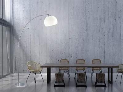 Produktbild von Dimmbare LED Bogenlampe große Ausladung für über Esstisch - gebogene Stehlampe