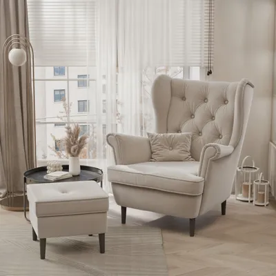 Image de Idohome - Fauteuil à oreilles avec repose-pieds SCANDI de style scandinave, couleur : Beige Trinity 02