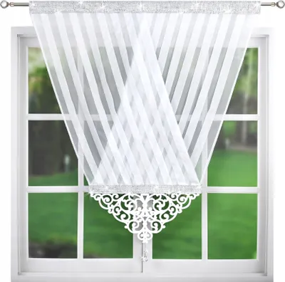 Zdjęcie produktu dla Gotowa firanka, panel V-design, firanka glamour, panel kryształowy, firanka woalowa, panel markizeta, firanka z cyrkoniami 120x130cm biała