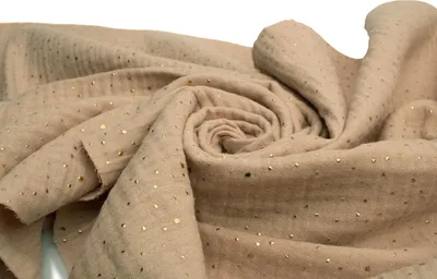 Immagine prodotto di Tessuto in mussola di cotone con pois dorati, doppia garza, doppio velo, Café Latte 50 x 130 cm