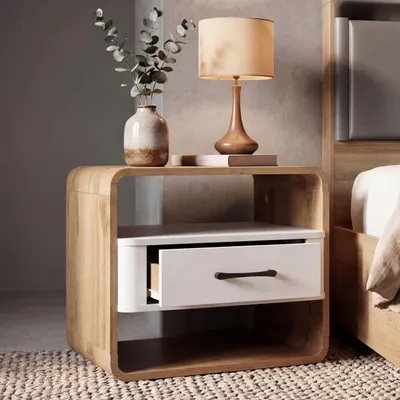 Obrázok produktu pre Nočný stolík HWC-P43, nočná skrinka, nočný stolík, zásuvka MDF 40x48x44cm ~ vzhľad dub Wotan, biela