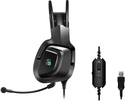 A black gaming headset with a microphone and a USB cable with an inline controller are displayed against a white background.