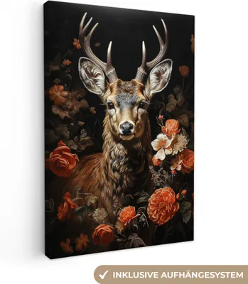 Produktbild von MuchoWow® - Leinwandbilder - Hirsch - Tier - Blumen - Natur - Botanisch, Wandbild, Wanddeko Bilder Wohnzimmer, 40x60 cm