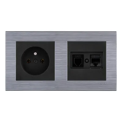 Image de Prise simple + prise informatique RJ45 cat. 6 + prise téléphonique RJ11 noire + double cadre COMFORT acier EXEN