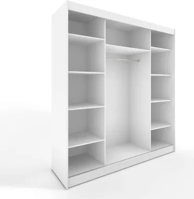A white, open wardrobe with shelves and a hanging rod, shown against a white background.