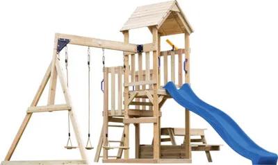 Produktbild von AXI Mette Spielturm aus Holz mit 2 Schaukeln | XXL Spielhaus / Spielplatz für Kinder mit Picknicktisch, Sandkasten & Rutsche in Blau | Schaukelgerüst