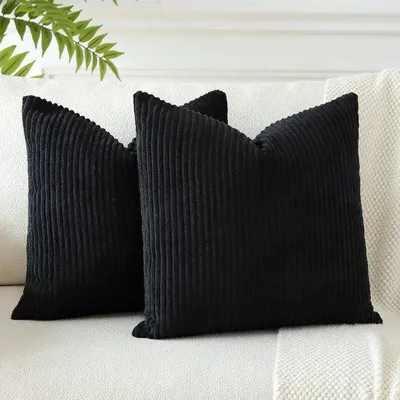 Productafbeelding van Ibenzoa® 2-delige set kussenslopen van zachte corduroy, 60x60 cm, zwart – decoratieve kussenslopen voor de bank met verborgen rits
