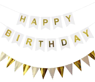 Image de Guirlande d'anniversaire "Joyeux anniversaire", set blanc et or, bannière et guirlande de fanions pour la décoration de fêtes