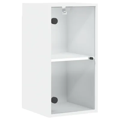 A white wall cabinet with two shelves and a glass door, shown from the front.