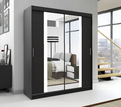 Produktbild von Schwebetürenschrank, 2-türig Schrank mit Spiegel, Kleiderschrank BRUNI 120 Farbe: Schwarz / schwarz / schwarz