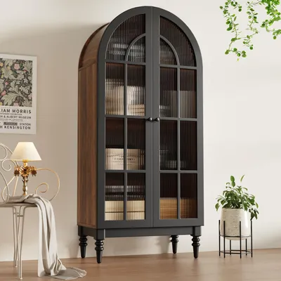 Image de Armoire haute Flyks avec portes en verre, idéale pour la cuisine et le salon, meuble de cuisine imitation bois, buffet de 76x38,5x165 cm, noir