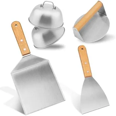 Produktbild von 5-Stück Burger-Set, Grillspachtel Edelstahl, Burger Smasher, Grillwender mit Burger Cover, Pfannenwender Spachtel Mit Holzgriffen für Burgerpresse, Teppanyaki, Barbecue, Steak, Pizza