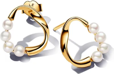A pair of gold hoop earrings with pearls, presented on a white background.