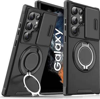 Immagine prodotto di Custodia a doppio strato per Samsung Galaxy S22 Ultra 5G, con copertura scorrevole della fotocamera e supporto magnetico ad anello Nero