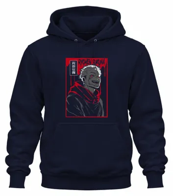 Obrázek produktu pro Ryomen Sukuna Jujutsu Kaisen – démon, červená a černá, anime styl, uni mikina s kapucí, tmavě modrá, velikost S