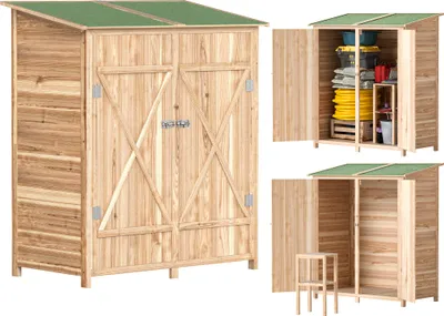 Produktbild von Outsunny Gartenschrank Holz, Geräteschuppen wetterfest 140 x 75 x 157cm Natur