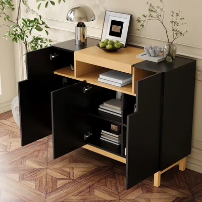 Immagine prodotto di MODFU armadietti per soggiorno Armadio per corridoio con spazio di archiviazione, credenza con tre ante e scomparti aperti, armadio laterale per soggiorno e sala da pranzo, nero