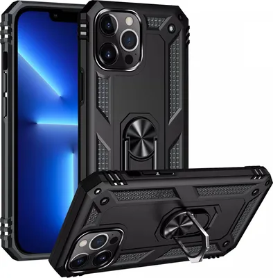 A black protective phone case with a ring stand is shown from multiple angles, with a phone partially visible.
