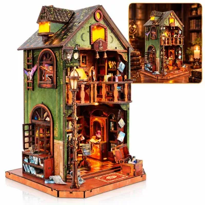 Produktbild von DIY Book Nook Bausatz mit LED, 331 Teile, Miniaturhaus als Buchstütze, 3D-Holzpuzzle mit Werkzeug & Anleitung, kreative Geschenkidee für Bücherfans