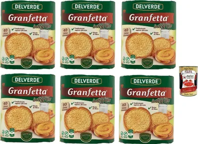 Produktbild von Delverde Granfetta Fette Biscottate Integrali mit Vollkornmehl 40 fette Vollkorn Zwieback Kekse 6x 300g + Italian Gourmet polpa 400g