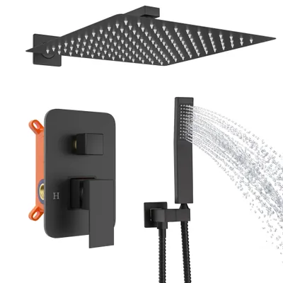 Image de Ensemble de robinet de douche encastré ROSEJANE avec pomme de douche de 30 x 30 cm, système de douche comprenant une pomme de douche de plafond et une douchette à main, en acier inoxydable, filetage G1/2, finition noir mat