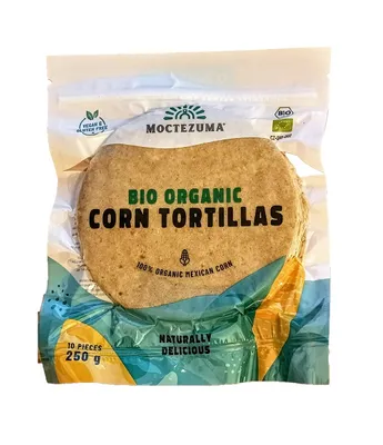 Imagen del producto de Tortillas mexicanas elaboradas con nixtamal, certificadas como orgánicas, veganas y sin gluten, aproximadamente 10 unidades, 250 gramos