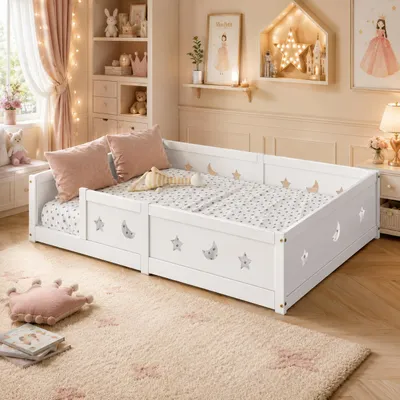 Obrázok produktu pre Postel INONEFT s bočnicami, 120x200 cm, s ochranou proti vypadávaniu, detská postel s latkovým roštom, rám postele Montessori, masívne borovicové drevo, biela, bez matraca
