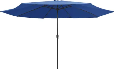 A blue umbrella with a black pole against a white background.