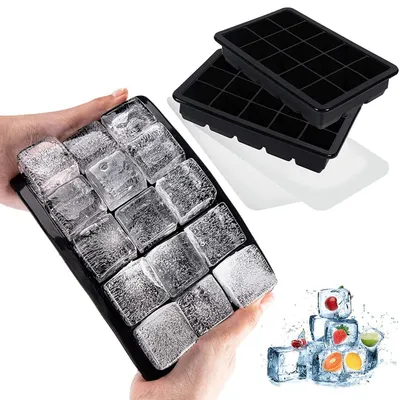 Immagine prodotto di Set da 2 stampi per cubetti di ghiaccio in silicone, con coperchio, impilabili, senza BPA, colore nero