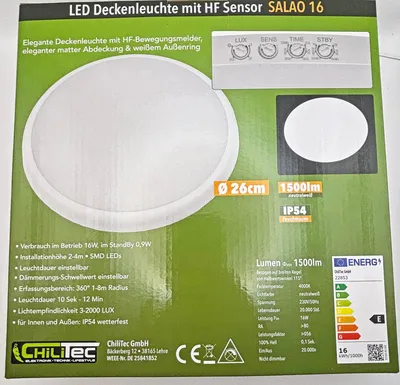 Zdjęcie produktu dla CHILITEC Lampa sufitowa LED SALAO, EEK: F,16W, 1200 lm, 4000K, IP54, czujnik ruchu