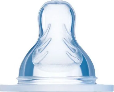 A close-up studio shot of a clear and blue baby bottle nipple.