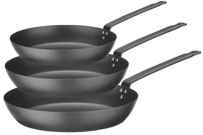Obrázek produktu pro Sada tří pánví Blackwell z uhlíkové oceli – průměry 20, 24 a 28 cm – vhodná pro všechny typy sporáků – bez nepřilnavé povrchové úpravy